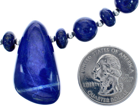 Genuine Sterling Silver Lapis Bead Necklace And Pendant KX120899